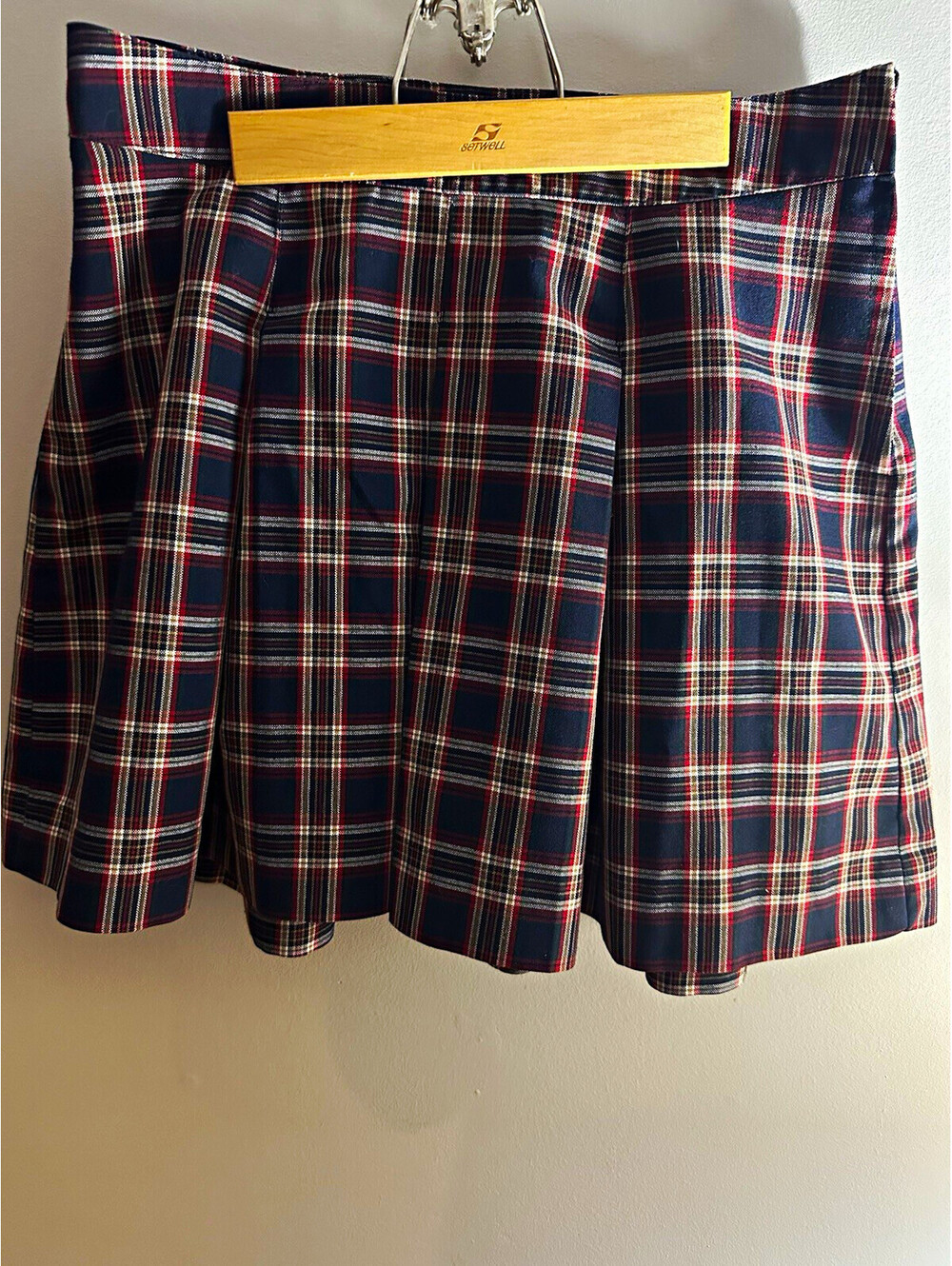 Vintage Parker School Uniform Pleated Plaid Skirt Red Navy 34" Waist x 18" Long